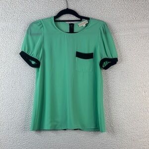 Lost April Women Green Short Puff Sleeve Black Trim Back Button Up Blouse Size S